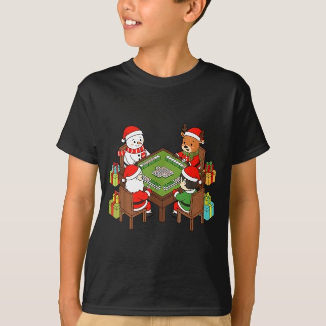 T-shirt Funny Christmas Mahjong Santa Snowman Elf Reindeer (Devant)