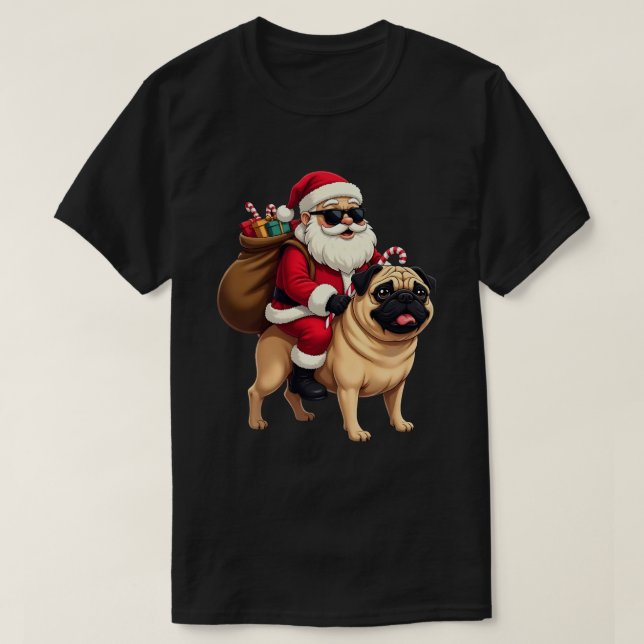 T-shirt Funny Christmas Santa Riding Pug (Design devant)