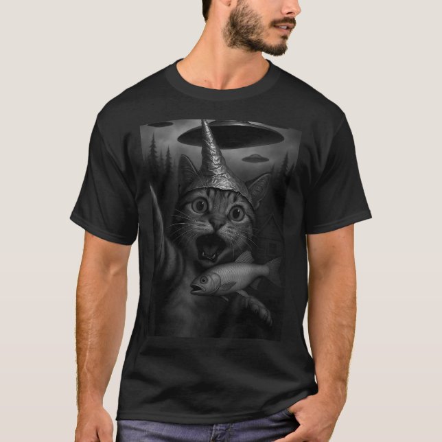 T-shirt Funny Consracy Cat In Tin Foil Hat Panics At Alien (Devant)