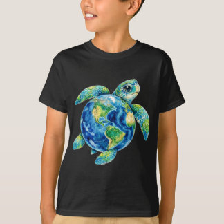 T-shirt Funny Cute Sea Turtle Holding Earth Ocean Wildlife