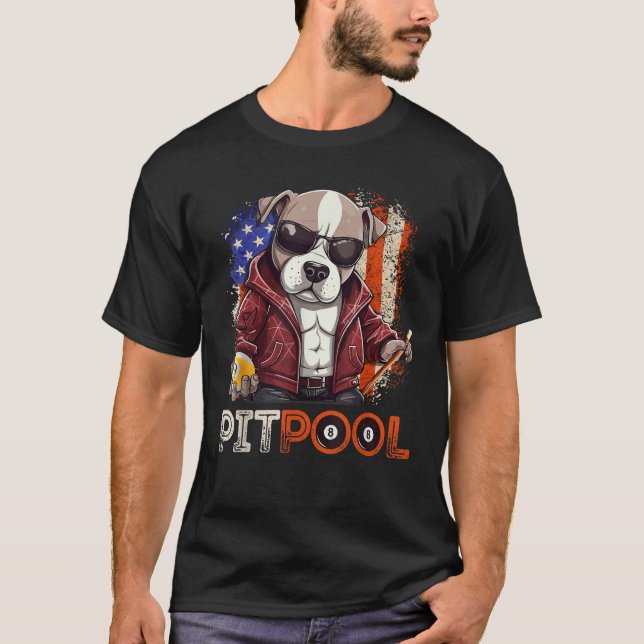 T-shirt Funny Dog Playing Pool Billiard American Flag Desi (Devant)