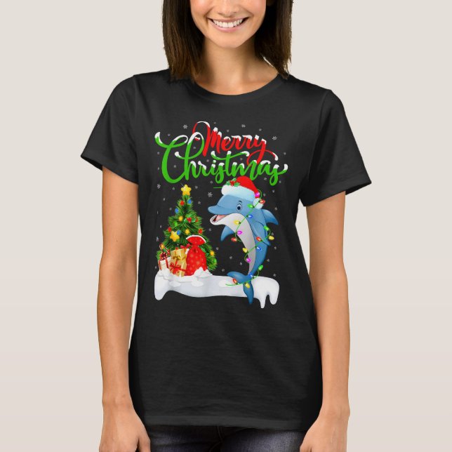 T-shirt Funny Dolphin Fish Lover Xmas Lighting Dolphin Chr (Devant)