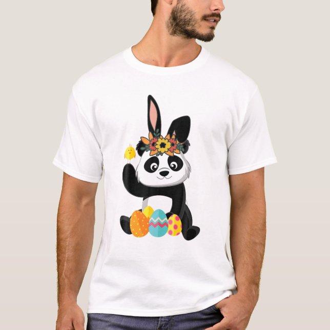 T-shirt Funny Easter Day Cute Panda Bunny Ears Easter Eggs (Devant)