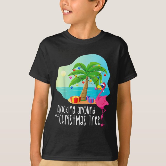 T-shirt Funny Flamingo Flocking Around The Christmas Tree  (Devant)