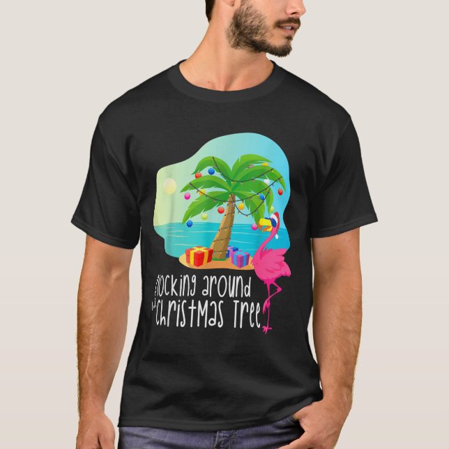 T-shirt Funny Flamingo Flocking Around The Christmas Tree  (Devant)