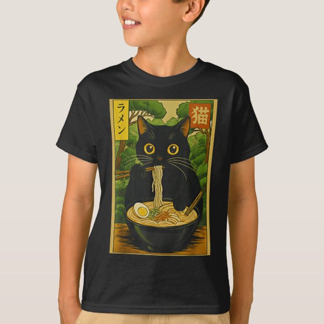 T-shirt Funny Forest Ramen Cat Japanese Noodle Kitten  (Devant)
