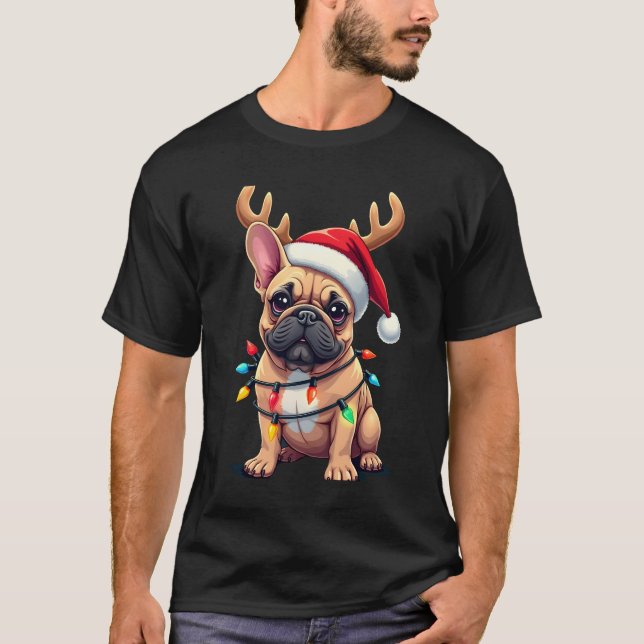 T-shirt Funny French Bulldog Christmas Light Santa Hat Rei (Devant)