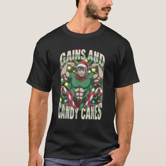 T-shirt Funny Gains and Candy Canes Christmas Elf Gym Work (Devant)
