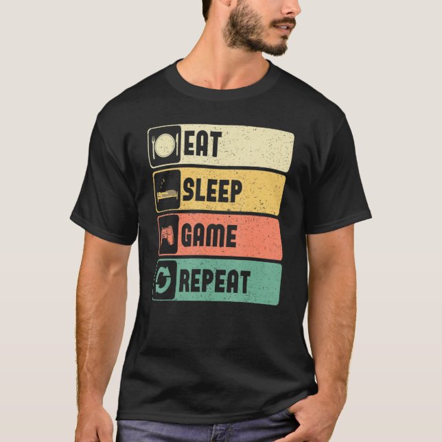 T-shirt Funny Gamer Quote Eat Sleep Game Repeat, Cool Vint (Devant)