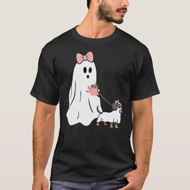 T-shirt Funny Ghost Walking Dog Dachshund Wiener Halloween (Devant)