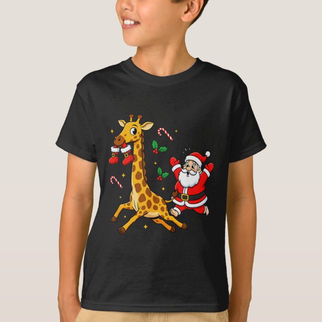 T-shirt Funny Giraffe Santa Claus Boots Christmas Womens M (Devant)