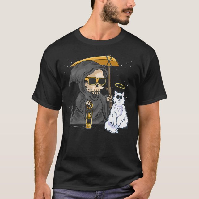 T-shirt Funny Halloween Cat Grim Reaper Ghost Angle Kitten (Devant)