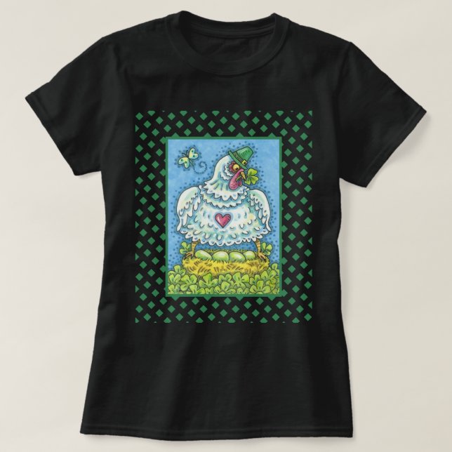 T-SHIRT FUNNY IRISH HEN, OEUFS ET SHAMROCK CUIT POULET (Design devant)