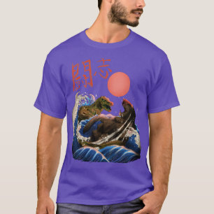 T-shirt Funny Kanagawa vague avec Kanji Dinosaur Kaiju
