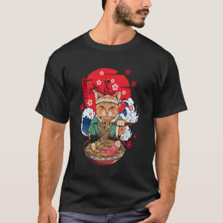 T-shirt Funny Kawaii Cat Eating Ramen Noodles Anime Gift W