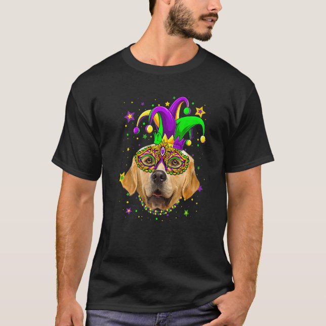 T-shirt Funny Mardi Gras Golden Retriever Dog Beads Mask M (Devant)