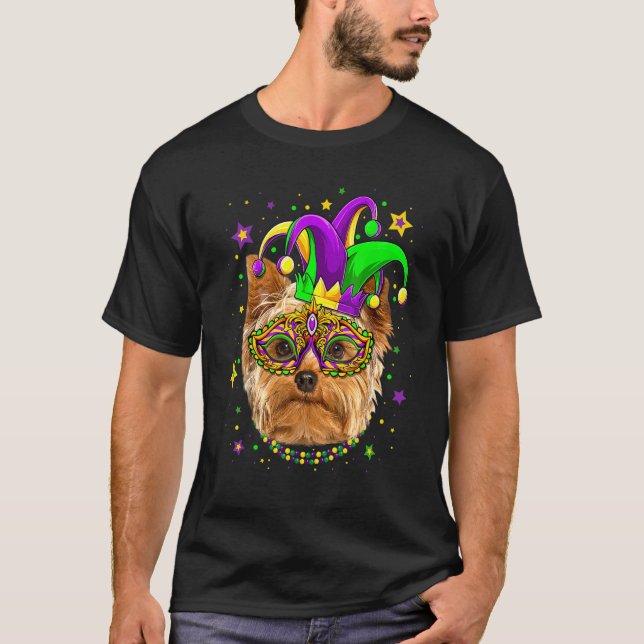 T-shirt Funny Mardi Gras Yorkshire Terrier Dog Beads Mask  (Devant)