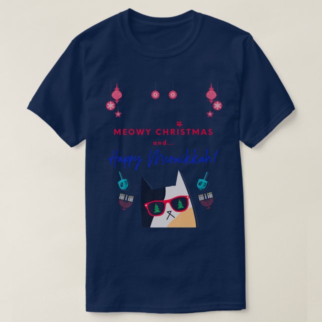 T-shirt Funny Meow Christmas and Happy Meowikkah Cat Lover (Design devant)