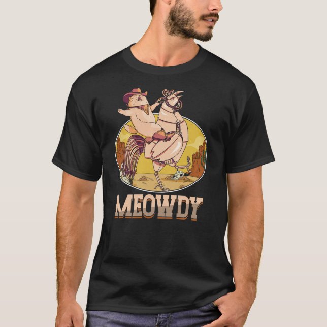 T-shirt Funny Meowdy  Cat Riding Robot Chicken  Cowboy Wil (Devant)