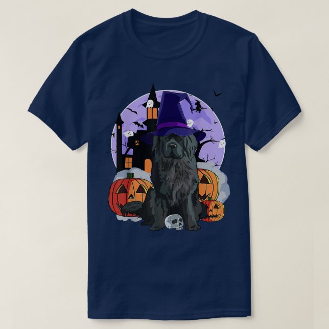 T-shirt Funny Newfoundland Dog Halloween Witch Pumpkin  (Design devant)