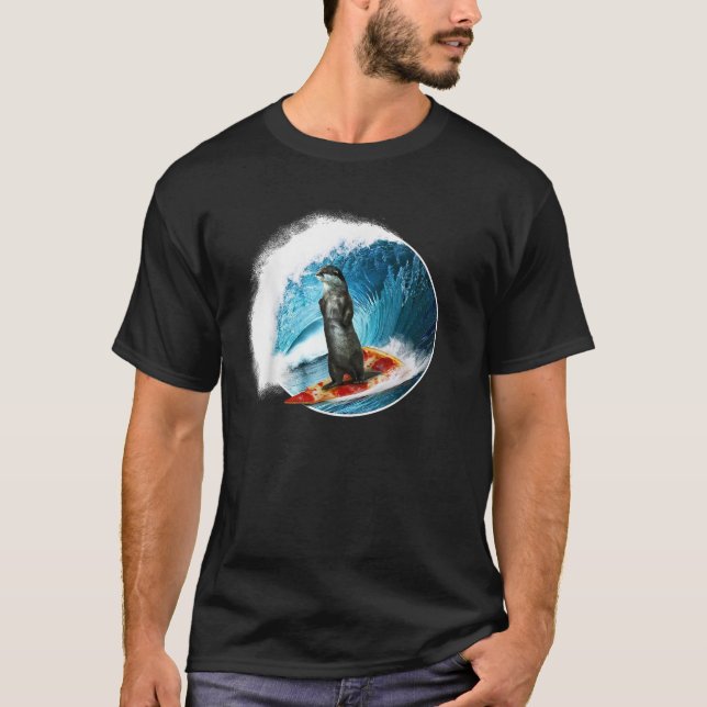 T-shirt Funny Otter Surfing Otter riding a ocean Wave on a (Devant)