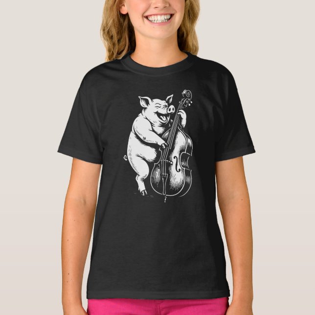 T-shirt funny pig plays double bass in jazz band  (Devant)