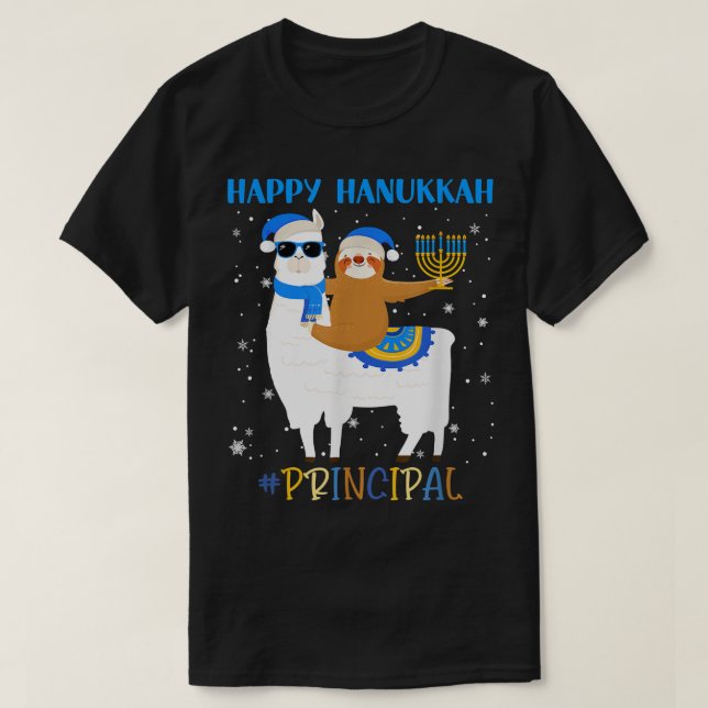 T-shirt Funny Principal Llama Sloth Menorah Hanoukka Chanu (Design devant)