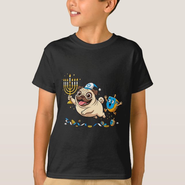 T-shirt Funny Pug Dreidel Menorah Hanukkah Kids Womens Men (Devant)