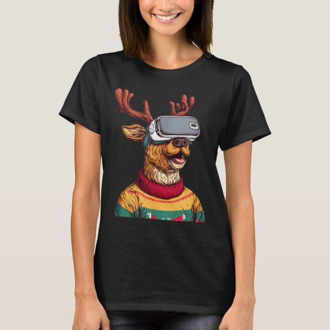 T-shirt Funny Reindeer In Christmas Sweater And Vr Headset (Devant)