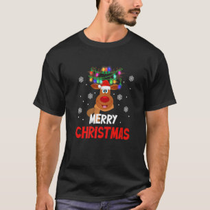 T-shirt Funny Reindeer Santa Chapeau Noël Lumières Joyeux 