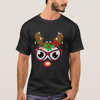 T-shirt Funny Reindeer Visage Léopard Lunettes Famille Chr