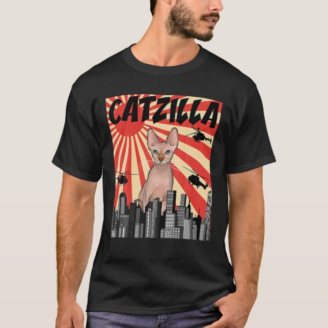 T-shirt Funny Retro Japonais Catzilla Sphynx Chat T Chemis (Devant)