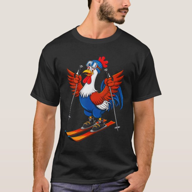 T-shirt Funny Rooster Skiing Adventure Cartoon  (Devant)