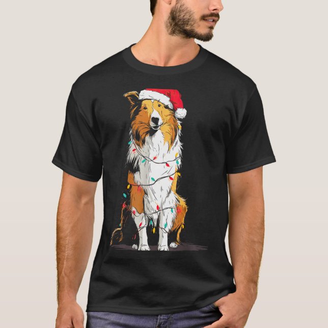 T-shirt Funny Rough Collie Christmas Graphics Dog Lights L (Devant)