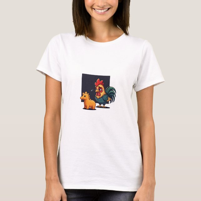 T-shirt Funny Sad Rooster Crying at Dinosaur Nugget (Devant)