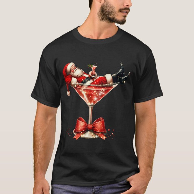 T-shirt Funny Santa Drinking Martini Christmas Humor Men W (Devant)
