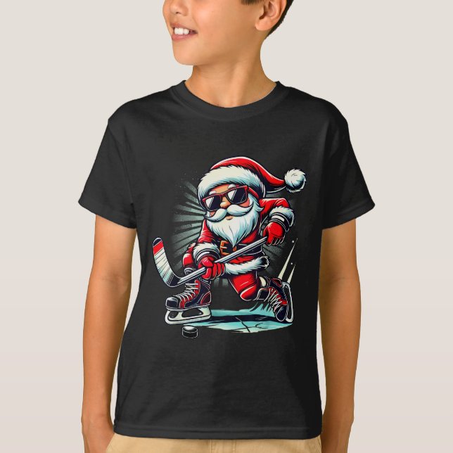 T-shirt Funny Santa Playing Ice Hockey Lovers Boys Girls C (Devant)