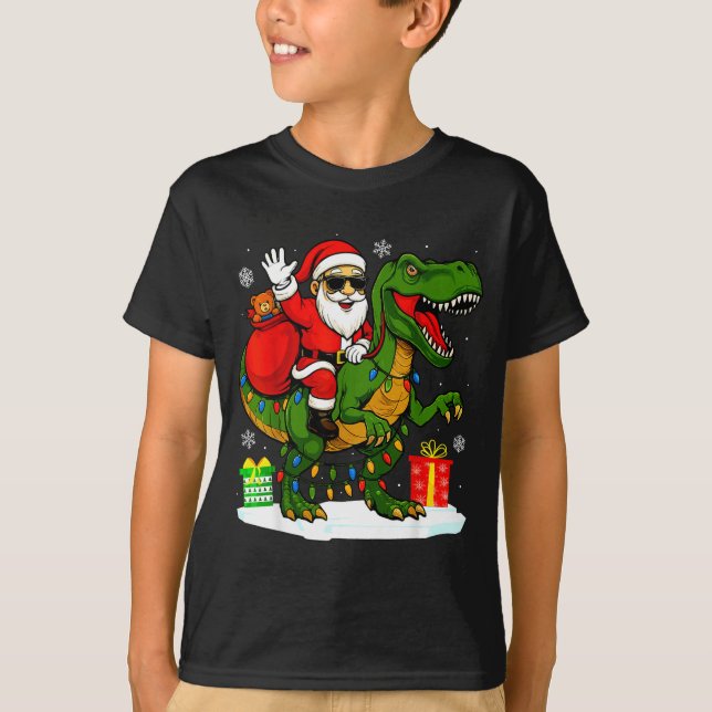T-shirt Funny Santa Riding Dinosaur T Rex Christmas Santa  (Devant)