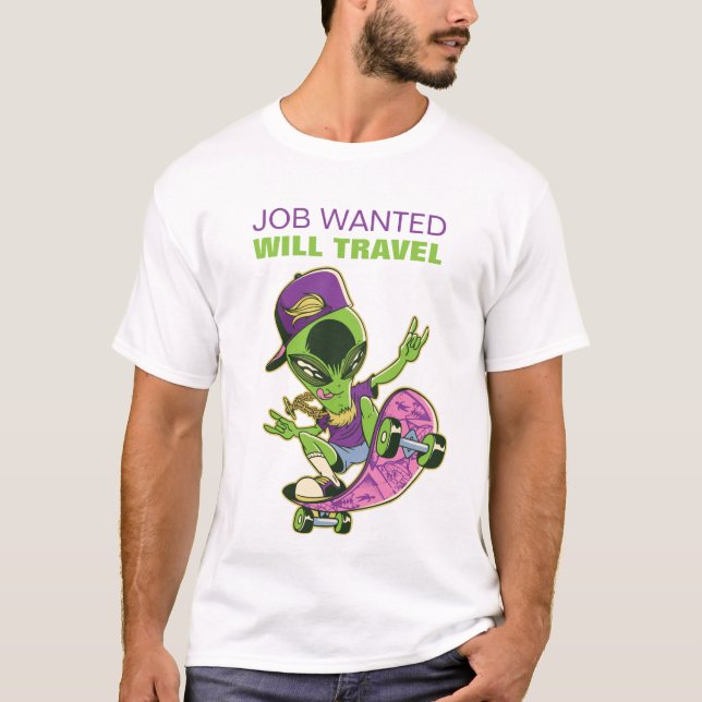 T-shirt Funny Skateboard Alien JOB RECHERCHÉ VOYAGERA (Devant)