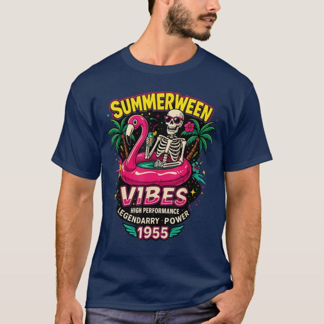 T-shirt Funny Skeleton 1955 Summerween Vibes Flamingo Pool (Devant)