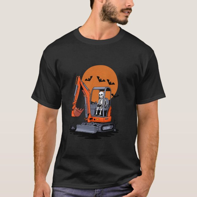 T-shirt Funny Skeleton Driving Excavator Halloween Constru (Devant)