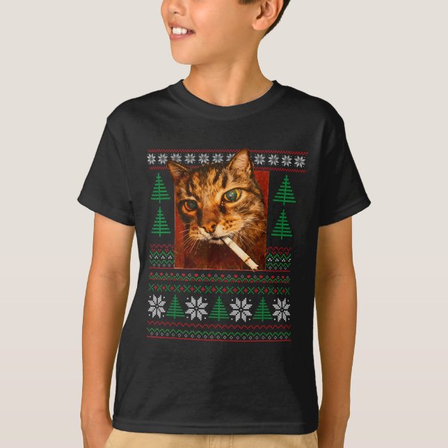 T-shirt Funny Smoking Cat Meme Christmas Ugly  (Devant)