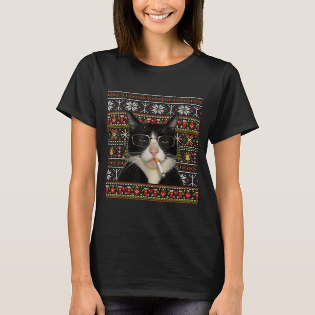 T-shirt Funny Smoking Cat Meme Christmas Ugly Sweater Cat  (Devant)