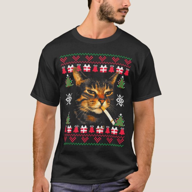 T-shirt Funny Smoking Cat Meme Ugly Christmas Sweater For  (Devant)