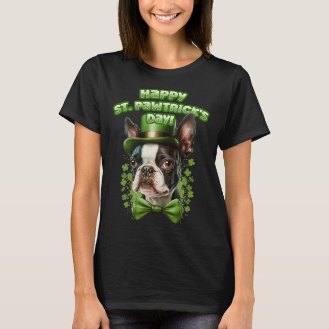 T-shirt Funny St. Patrick's Day Boston Terrier Pawstrick L (Devant)