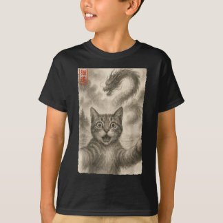 T-shirt Funny Sumi-e Kawaii Surprised Chat effrayé Selfie