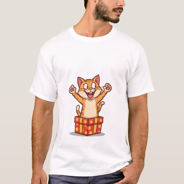 T-shirt Funny Surprised Cat Jumping Out of Gift Box✨🎁 (Devant)