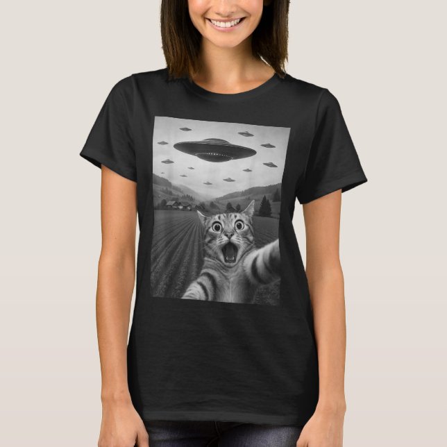 T-shirt Funny Surprised Ed Cat Selfie With Alien Ufo Cat U (Devant)