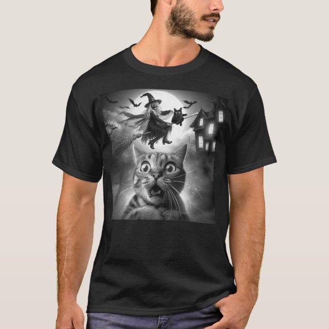 T-shirt Funny Surprised Scared Cat Selfie With Witch For H (Devant)
