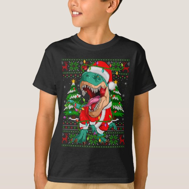 T-shirt Funny T-rex Dinosaur Christmas Lights Ugly Xmas Sw (Devant)
